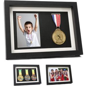 Medal Display Shadow Box - 3 Medal Display Case - Perfect for Runners, Marathon, Race Winner, Soccer, Football, Gymnastics & All Sports (Black, A4)