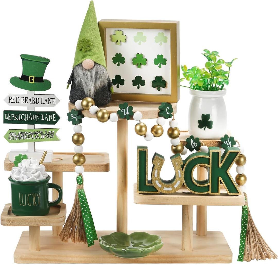 St Patrick's Day Decoration 8 PCS Tiered Tray Decor Set, Cute Tabletop Saint Patty's Day Décor for Home Indoor Shelf Mantel Office Coffee Bar Shamrock Sign Gnome Lucky Irish Tray Objects