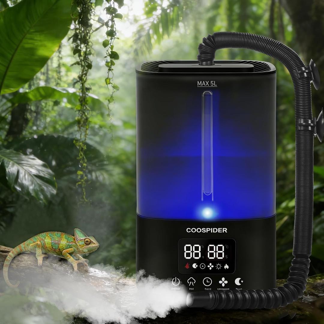 Coospider 5L Reptile Fogger Humidifier, Automatic Humidifiers for Reptiles Tank, Terrarium Humidifiers with Timer and Humidity Control, Reptile Misting System for Reptiles Amphibians Herps Vivarium