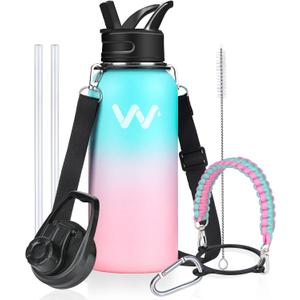 WEREWOLVES Insulated Water Bottle With Paracord Handles & Strap & Straw Lid & Spout Lid,Reusable Wide Mouth Vacuum Stainless Steel Water Bottle for Adults 24 oz (Monde)