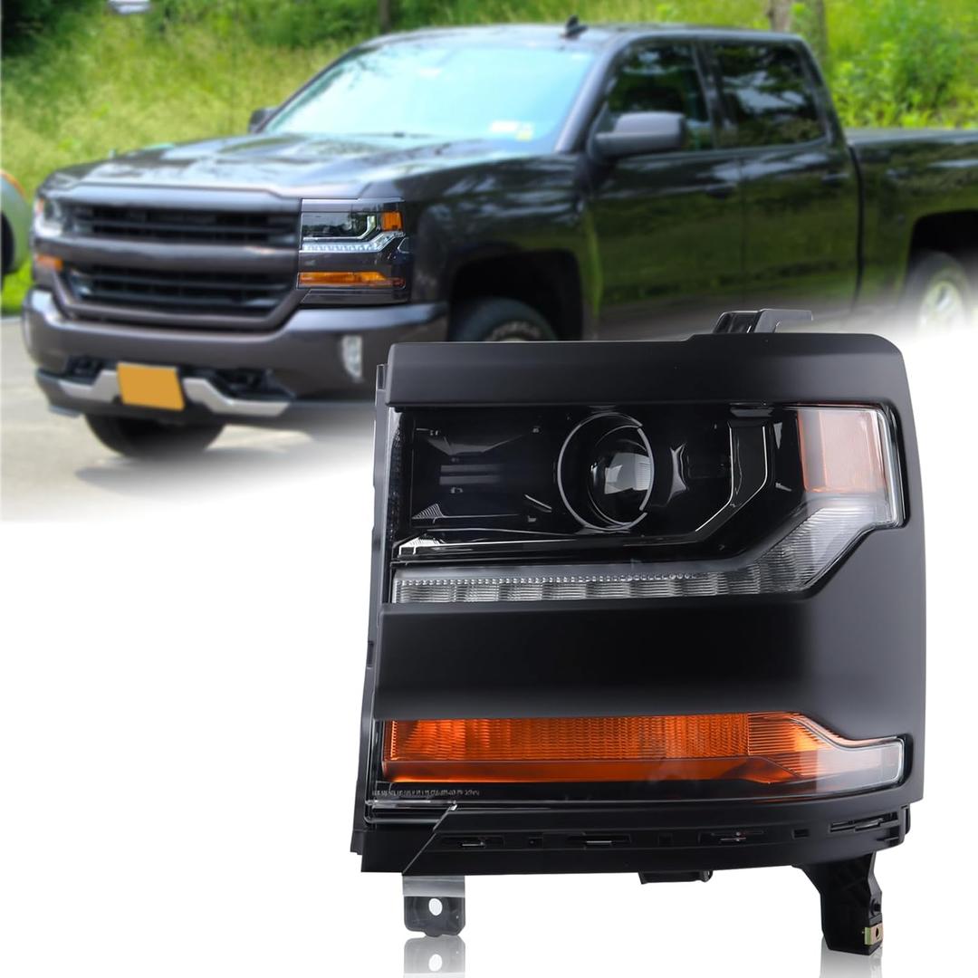Primed Black HID/Xenon LED DRL Projector Headlight Assembly Compatible with 2016-2018 Chevy Silverado 1500/2019 Silverado 1500 LD Left Driver Side 84388723 GM2502451