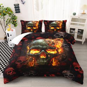 AILONEN Fire Skull Bedding Set Queen Size, 3D Skeleton Comforter Set Bedroom Decor Men,Fiery Style Black Tint Soft Breathable Bed in a Bag,3 Pieces,1 Quilt and 2 Pillowcases