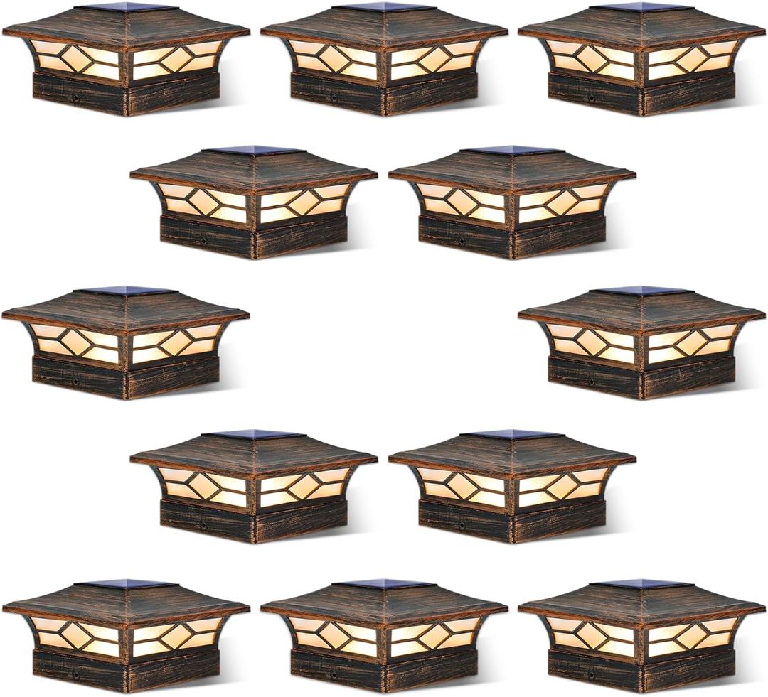 Solar Post Cap Lights Outdoor 12pack, Waterproof Solar Powered Deck Fence Post Lights for 4x4 Wood/Vinyl Posts, Solar Outdoor LED Light with Cool/Warm Lighting Decorate Garden Patio Porch (Brushed Copper)