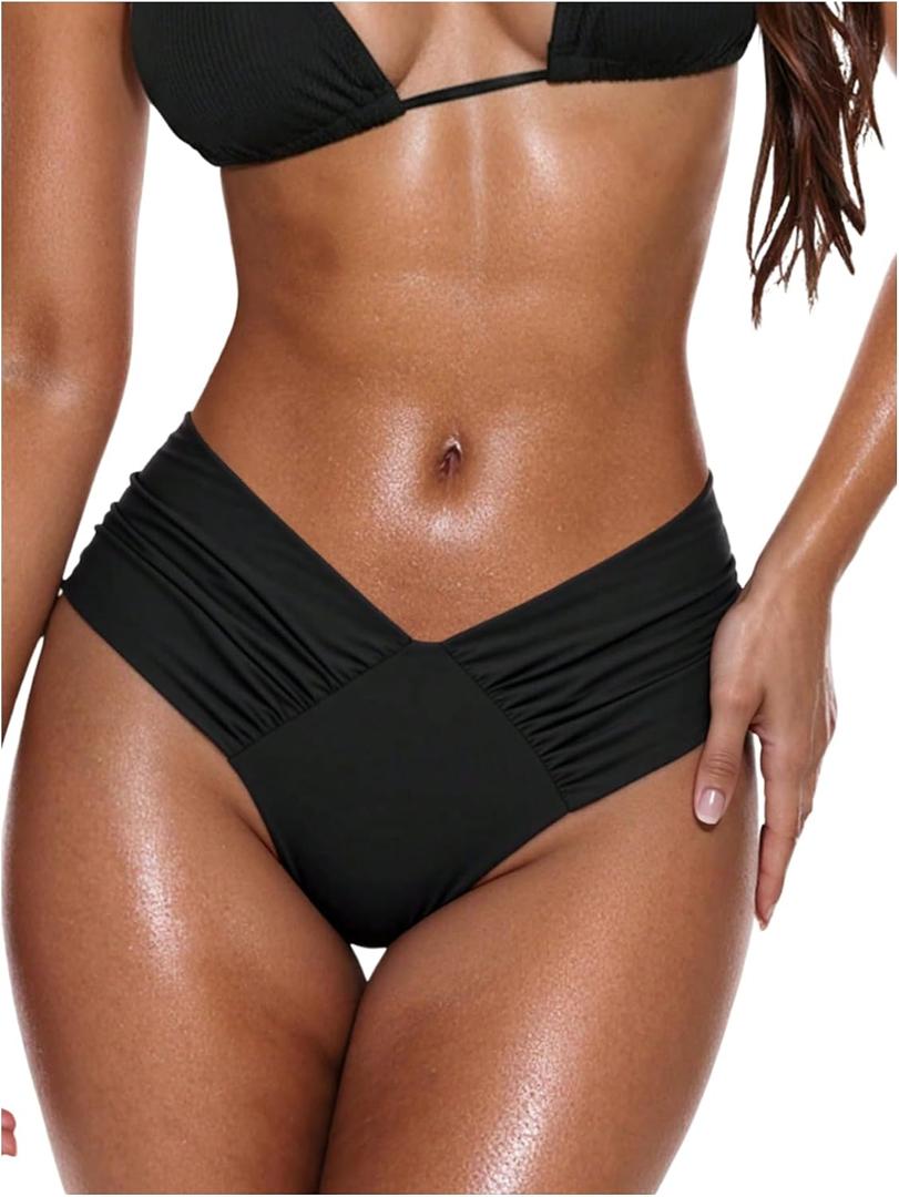 SHENHE Women's V Cut High Leg Ruched Mid Rise Bikini Bottom Swimwear Bathing Suit (Black, S)