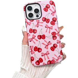 Compatible with iPhone 14 Pro Max Case, Cute Pink Cherry Bow Pattern with Shockproof Slim Soft TPU and Hard PC Protective Cover for Women Designed for iPhone 14 Pro Max Case, Glossy