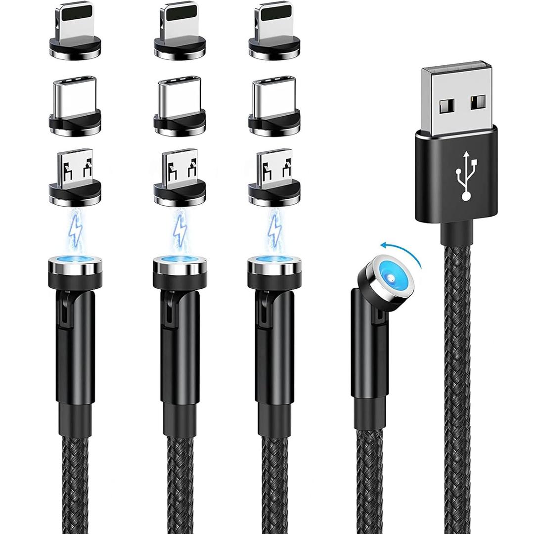 540 Rotating Magnetic Charging Cable (4 Pack 3/3/6/6ft) USB C Magnetic Phone Charger Cable 3 in 1 2.4A Fast Charge Cord for iPhone Samsung Moto Oneplus Android Tablet All Micro USB/Type C Device