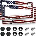 2 Pack License Plate Frames, American Flag License Plate Cover, Universal US Stainless Steel License Plate Holder with Screws for Women Men