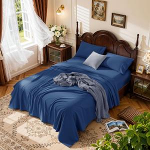 LBRO2M 1000 Thread Count 100% Cotton Sheets Set,King Size Bed Sheet 4 Piece Sets,Long Staple,16 Inches Deep Pocket,All Season,Bedding Super Soft Comforterble Breathable,Sateen (Navy Blue)