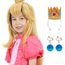 Kids Girls Blonde Princess Cosplay Wig with Crown and Earrings Long Golden Wavy Costume Wigs Accessories for Halloween Party