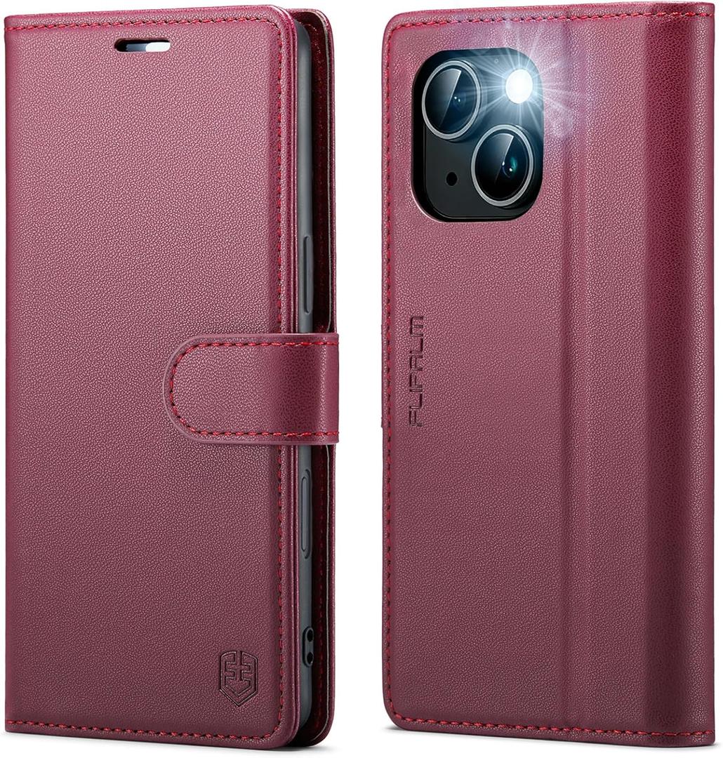 FLIPALM Wallet Case for iPhone 15 Series, RFID Blocking Credit Card Holder, PU Leather Folio Flip Kickstand Protective Shockproof Cover for Apple 15 Series (Red, iPhone 15 Plus - 6.7")