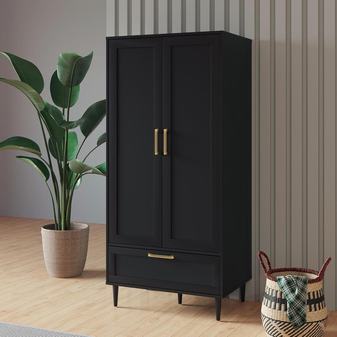 Bedroom Armoire Wardrobe Closet with Hanging Rod,60" 2 Door Almirah for Clothes with Drawers, Morden Storage Cabinet, Black
