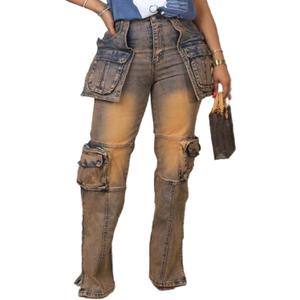 Vaceky Stretch Cargo Jeans Women Straight Leg Side Zipper Slit Denim Y2K Pants with Pockets (X-Large, Coffee)