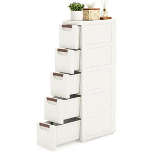 5 Drawers Narrow Bathroom Storage Cabinet, Slim Storage Cabinet, Plastic Slim Storage Cart Drawers for Small Spaces, Laundry, Office, Home, White