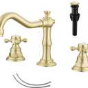 GGStudy Brushed Gold Bathroom Faucet 2 Handles 3 Holes Widespread Bathroom Sink Facuet Washingroom Faucet Mixer Tap wiith Pop Up Drain