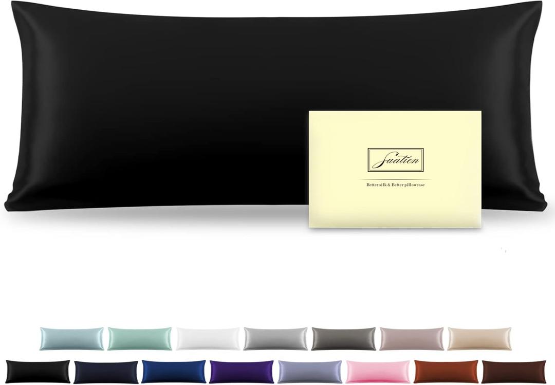 Silk Body Pillowcase Mulberry Silk Pillow Cases with Zipper Soft Breathable Smooth Cooling 20x54 inches Pillowcase for Sleep (Black,20"X 54",1Pc)