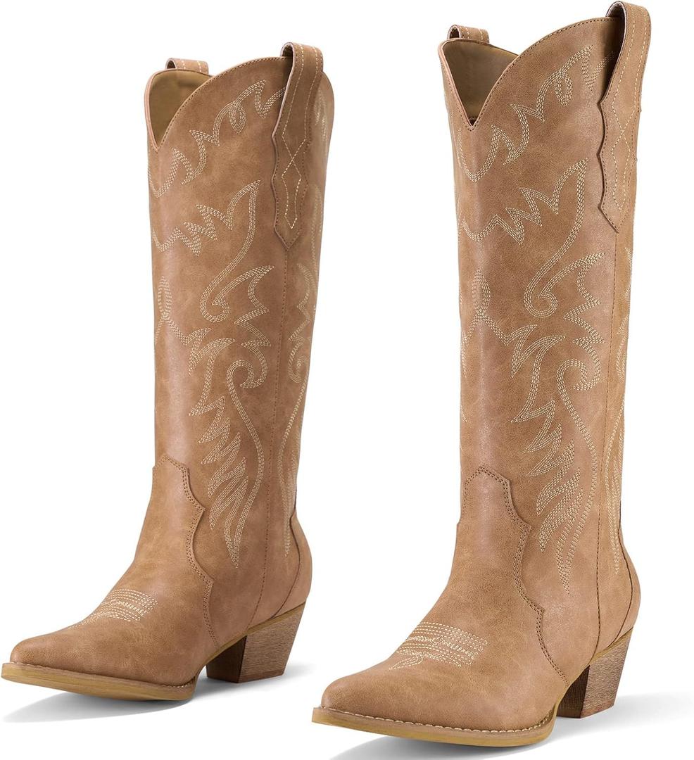 Rollda Cowboy Boots for Women Cowgirl Boots Embroidered Knee-High Western Boots Pointy Toe with Chunky Heel (7.5, Tan)