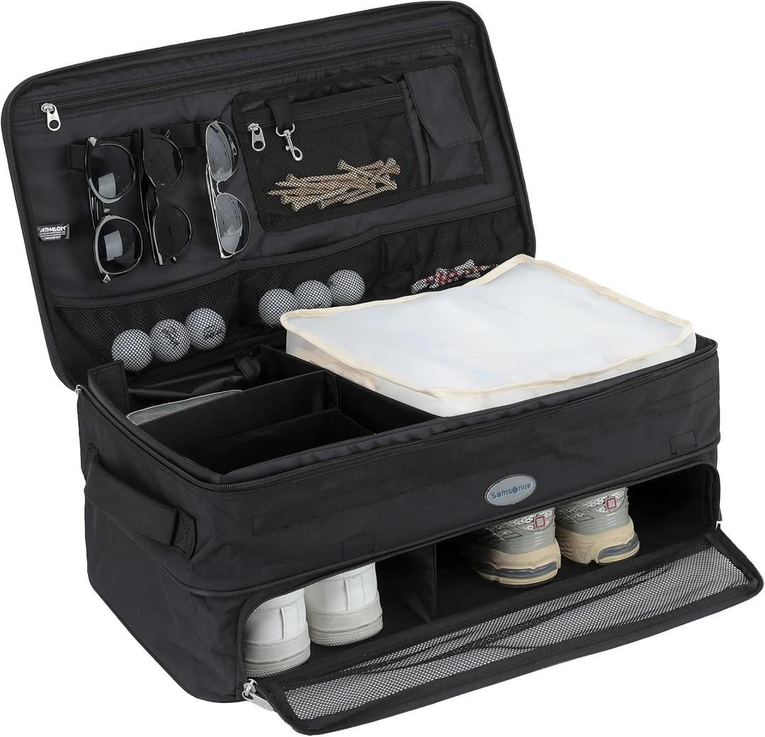 Samsonite Golf Trunk Organizer, Collapsible Storage with Shoe Compartments
Adjustable dividers, Holds up to 3 pairs of shoes, Waterproof backing, Mesh organizer pockets, Collapsible design