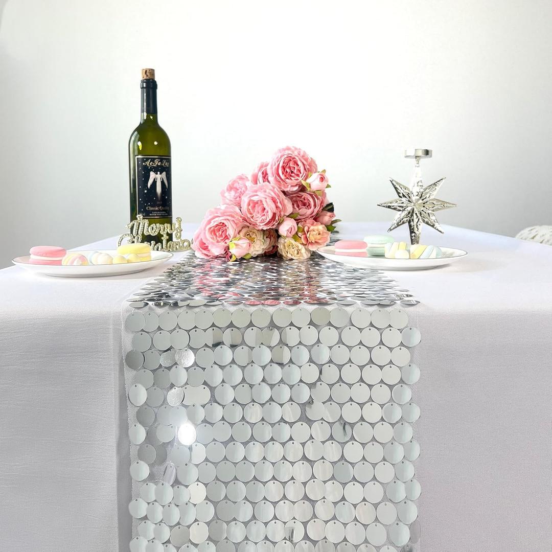 JYFLZQ Silver Sequin Table Runner 12x108 Inch 6 Packs Glitter Payette Metallic Table Runners for Birthday Weddings Christmas Party Event