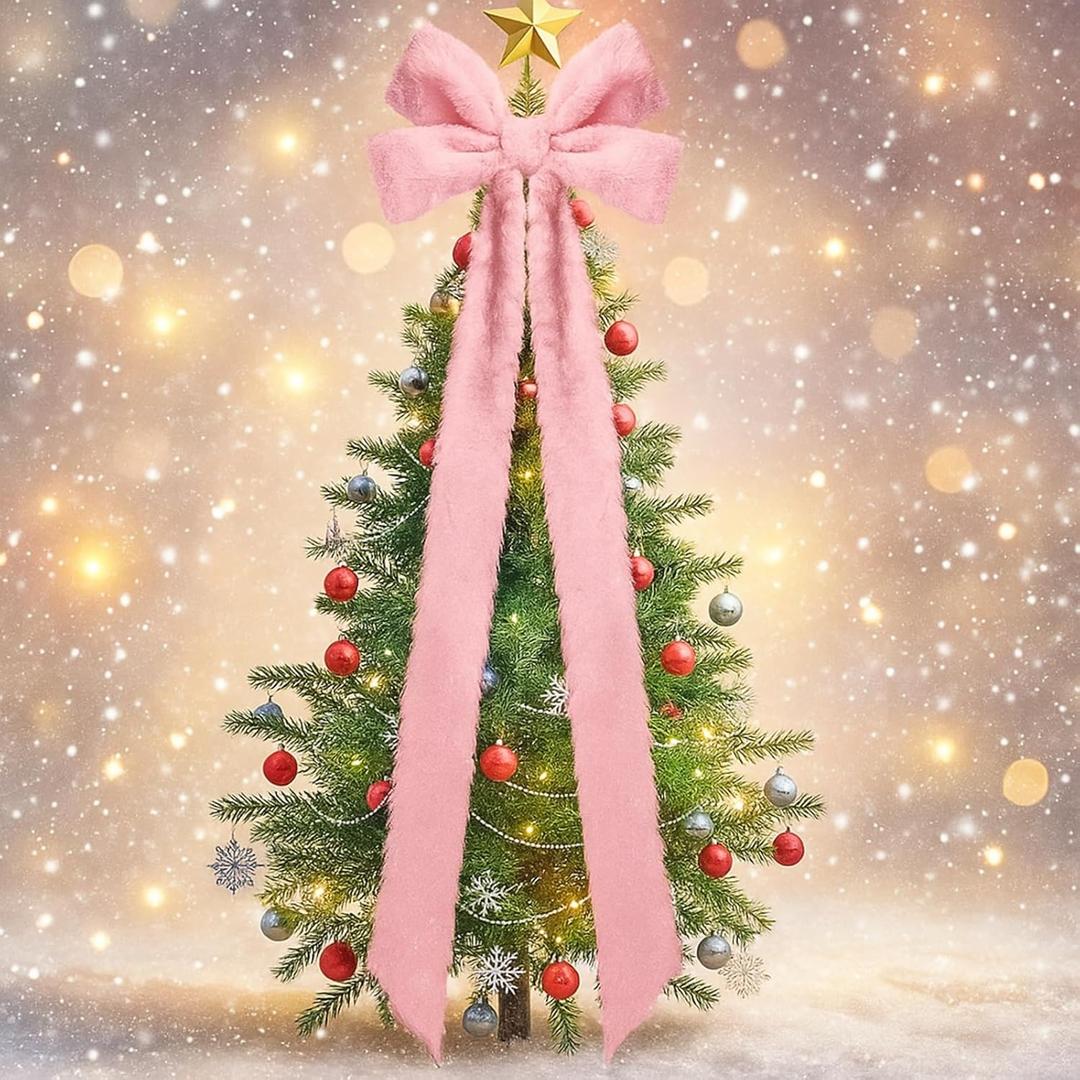 Soulchen Large Christmas Tree Topper Bow, 15 x 50 Inch Faux Fur Pink Christmas Tree Bows Plush Xmas Decorations for Xmas Holiday Party Wedding Home Door Decor Supplies