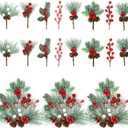 Christmas Decorations - 40 Packs Snow Artificial Christmas Picks Red Berry Stems Sprays Faux Cedar Holly Pine Needles Branches Christmas Tree Picks for Xmas Winter Holiday DIY Crafts Wreath Tree
