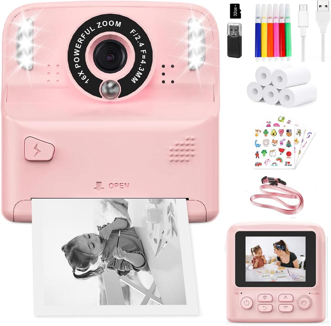 Kids Instant Print Camera with 2 Flash Lights, Children Selfie Digital Camera with 2.4 Inch Screen, 32GB Card, 5 Rolls Print Paper for Age 3-12 Girls Boys Toy Gifts Travel (A Pink)