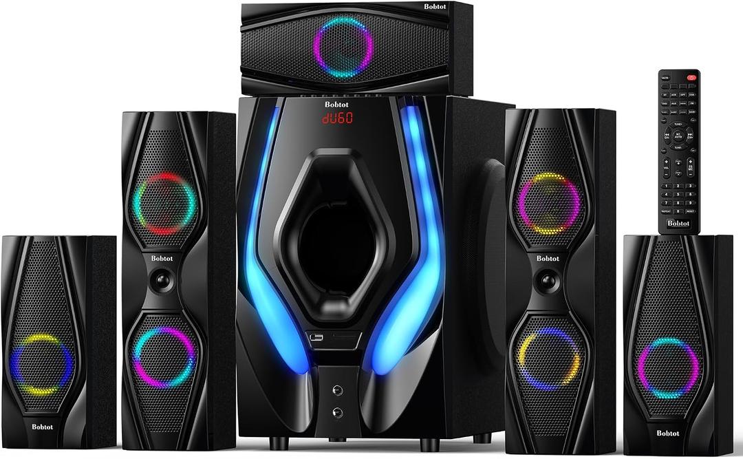 Bobtot Home Theater Systems Surround Sound Speakers,1200 Watts Peak
10 inch Subwoofer 5.1/2.1 Channel Audio Stereo System with ARC Optical Bluetooth Input for TV Ultra HD AV DVD FM Radio USB