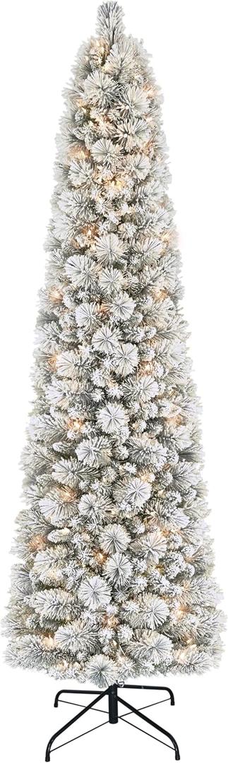 Puleo International 6.5ft Pre-Lit Flocked Portland Pine Pencil Christmas Tree with 300 Clear Lights, 410 Realistic Dense Snow Flocked Branch Tips, Easy Setup Artificial Trees with Sturdy Metal Stand