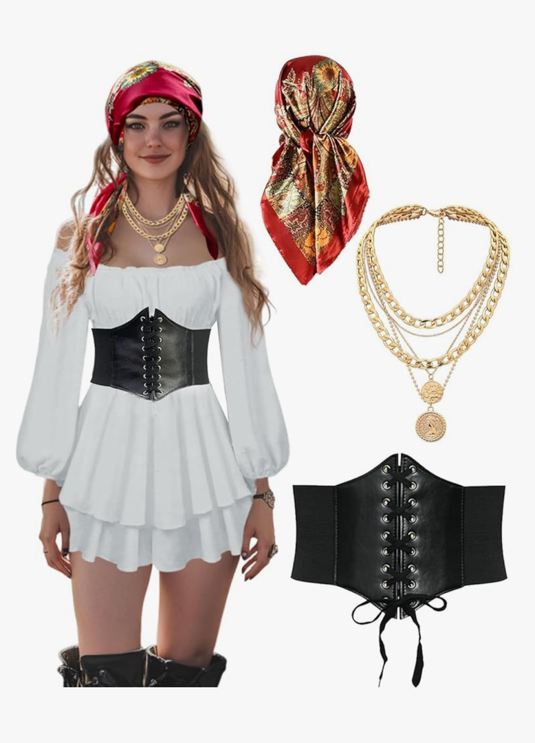 Women Pirate Costume Dress with Corset Accessories Long Sleeve Romper Short Off Shoulder Dress
Size -S