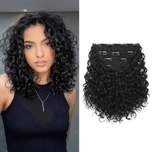 FLUFYMOOZ 4PC Clip in Hair Extensions, 10 Inch 100 Pure Protein Silk Short Hairpiece Deep Curly Wavy Hair Extensions Clip in Natural Soft Hairpiece for Women-Black