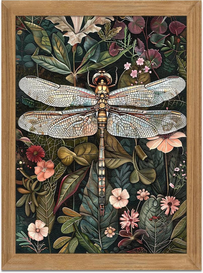 Framed Vintage 3D Textured Wall Art - Dark Green Dragonfly Flowers Wall Decor - Hand Drawn Sandstone Nature Botanical Pictures for Living Room Bedroom Home Decor 16x24in (24L" x 16W")