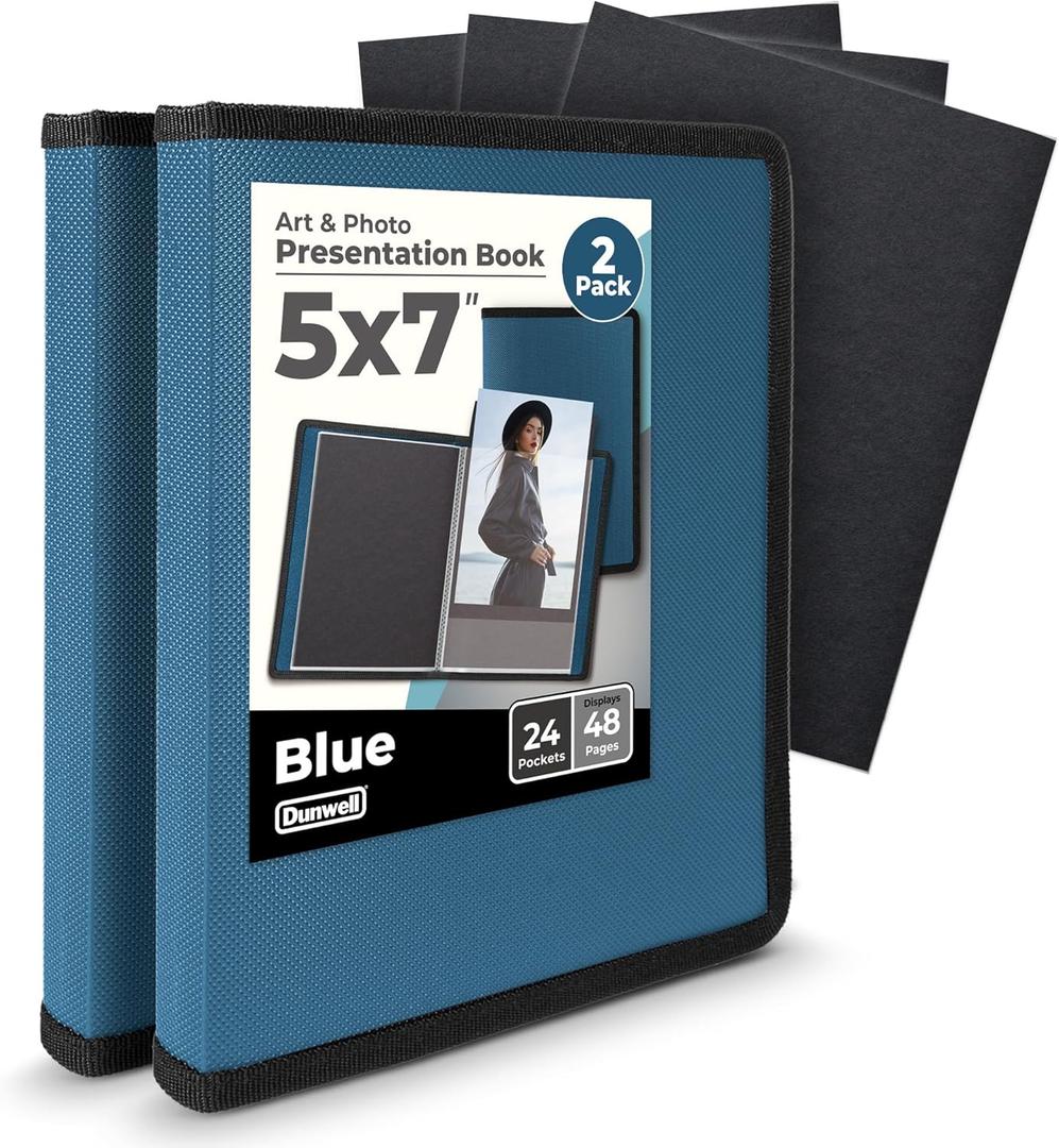 Dunwell Small Photo Album 5x7 (2-Pack, Blue), Mounting Paper, 5 x 7 Photo & Art Portfolio Presentation Binder, 24 Sleeves Display 48 Pages, Professional Picture Book for 5x7 Artwork, Postcards (5x7" w/ BLK Paper, Cobalt Blue)