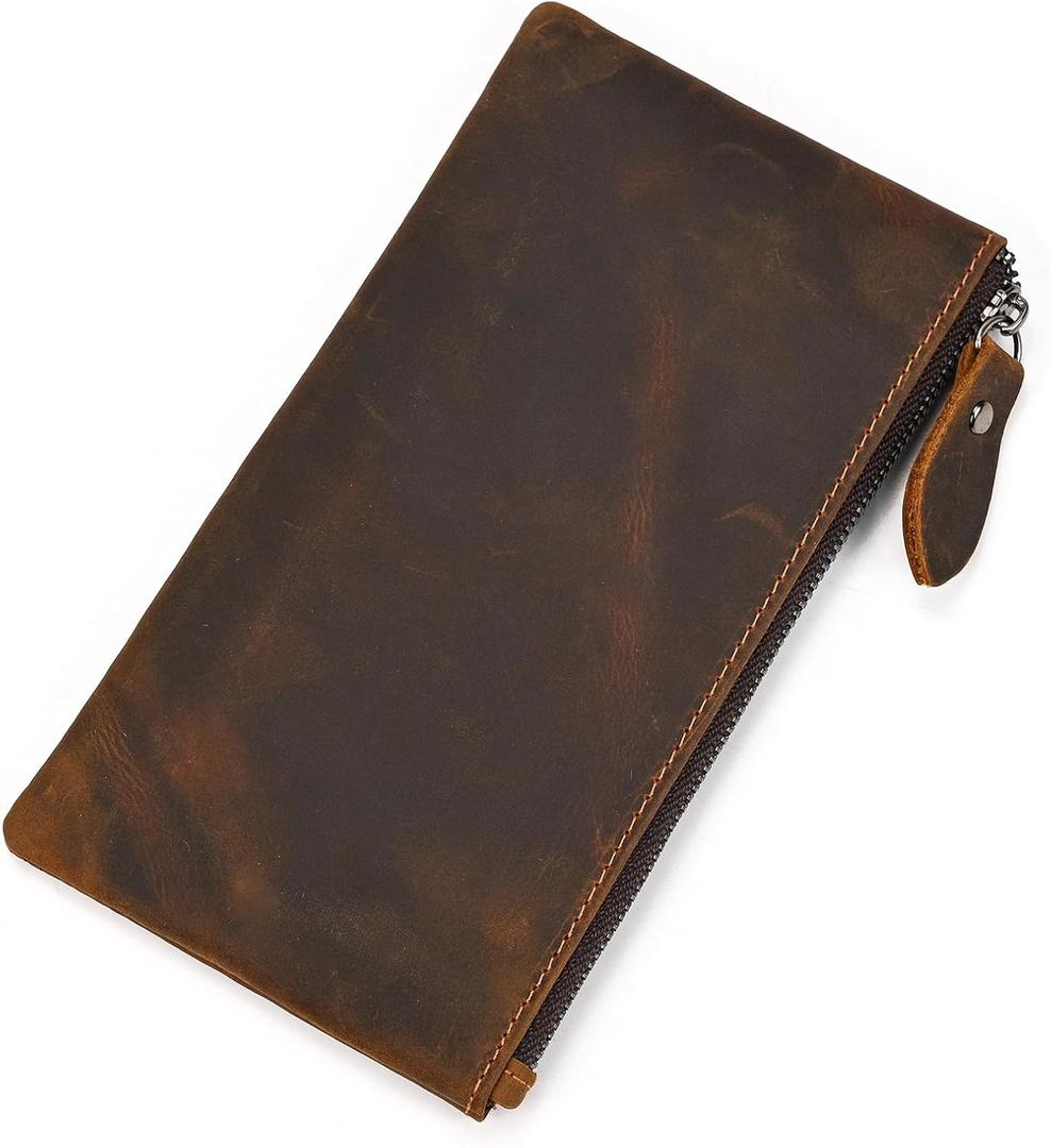 Mens Genuine Leather Long Wallet Bifold Long Wallet Zipper Wallet (Dark Brown)