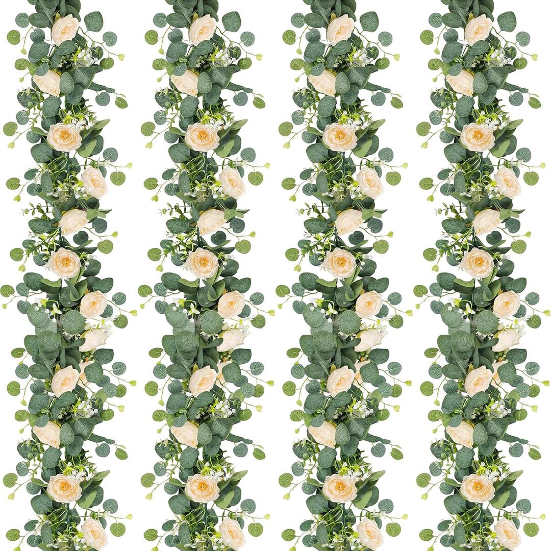 TOCHGREEN 4 Pack 24Ft Artificial Eucalyptus Flower Garland with Champagne Roses, Fake Rose Flower Greenery Garland Floral Vines for Wedding Home Party Table Runner Decor (4PCS, Champagne)