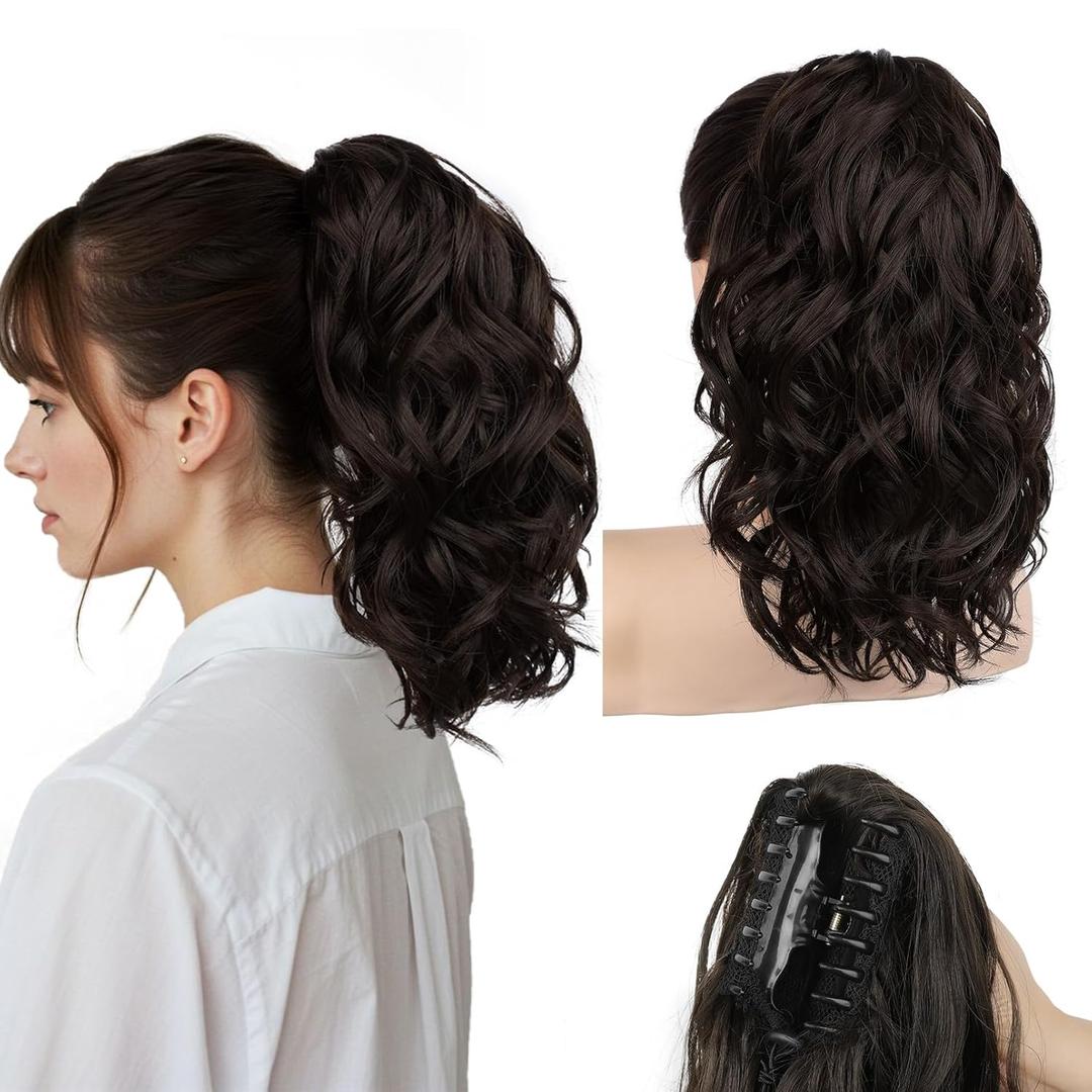 REECHO Ponytail Extension, 12" Claw Clip Ponytail Extension Short Ponytails Hair Extensions Jaw Clip on Pony Tails Natural Synthetic Hairpiece for Women Daily, Black Brown