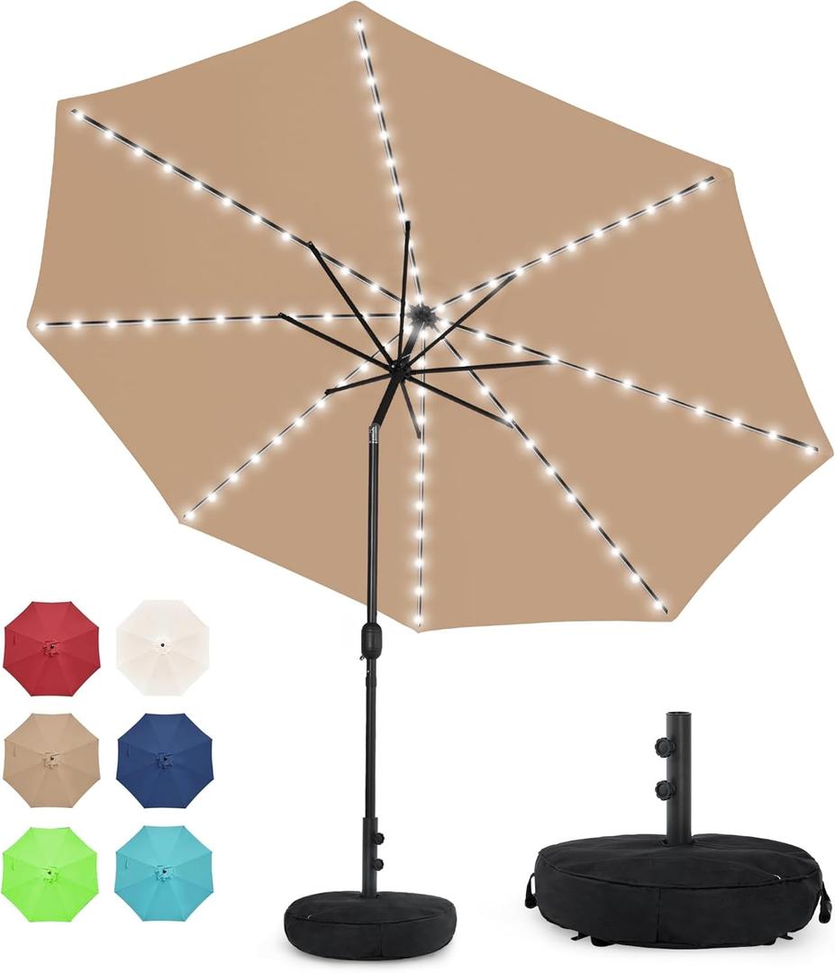 Sundale Outdoor Solar 88 LED 10 ft Patio Umbrella with Sand Bag Umbrella Base, Outdoor Umbrella with Tilt and Crank, Tan