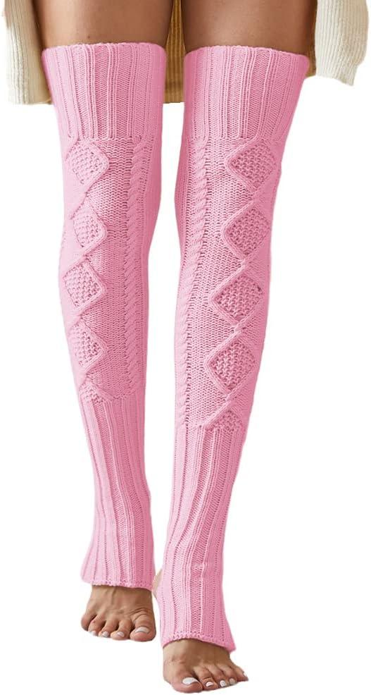 SherryDC Women's Cable Knit Thigh High Leg Warmer Socks Over Knee High Footless Boot Stockings (Pink)