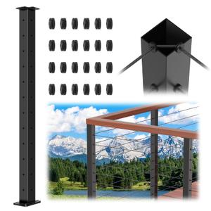 42" Cable Railing Corner Post T304 Stainless Steel 90 L-drilled Post, 41"x2"x2" Surface Mount Fixed Top Black Cable Railing System Kit for Indoor Decks Balconys with Wire Grommets