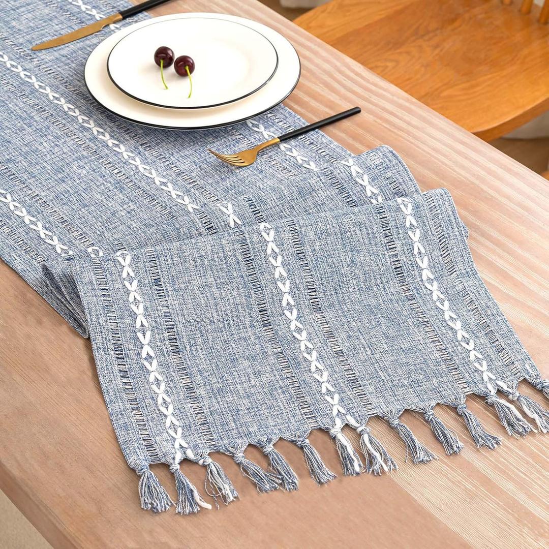 Table Runner, Rustic Farmhouse Linen Waterproof Table Runners for Holiday Party, Dresser Decor and Dining Room Decorations-Blue-14 x72, 4-6 Seats
