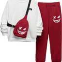 SweatyRocks Boy's 2 Piece Outfits Letter Graphic Long Sleeve Sweatshirt and Pants with Crossbody Bag Red 10Y