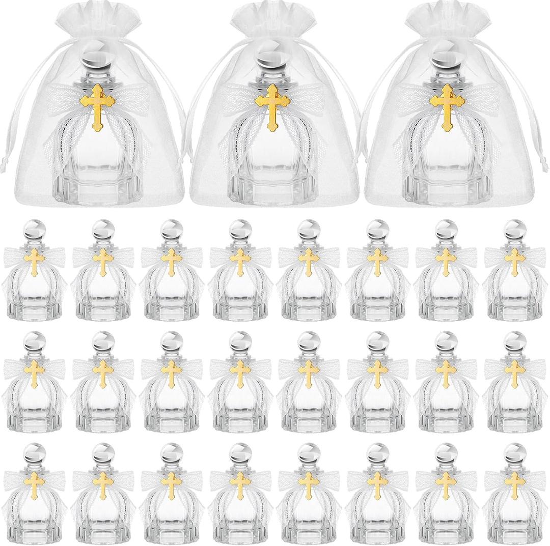Holy Water Bottles Catholic Bulk Glass Baptism Favors for Guests Christian Water Container with Cross Organza Bags Bow for Holy Communion Gifts Church Wedding Baptism (24, Pure White)