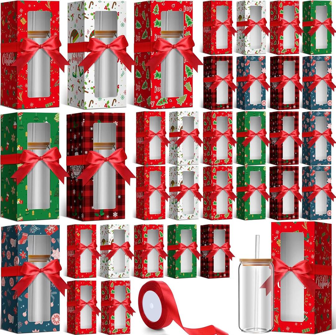 Windyun 36 Pcs Christmas Tumbler Gift Box with Ribbon for Sublimation Glass Transparent Tumbler Gift Boxes for 12oz 16oz 20oz Glass Cup Packaging for Jars Mug Can Xmas Party Supplies (Classic Style)