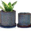 DILATATA Set of 2 Ceramic Planter Pots with Drainage Hole and Saucer, Round Flower Pot Hobnail Modern Planter Pots for Indoor & Outdoor Plants - 4 Inch & 6 Inch, Blue