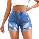 THUNDER STAR Stretchy Jean Shorts for Women Mid Rise Distressed Denim Shorts Ripped Casual Summer Shorts, L, Light Blue