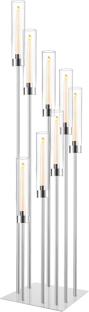 Floor Candelabra Wedding Centerpiece, 45.3'' Tall Floor Candle Holder Set, 8-arm Silver Metal Candlestick Holders with Acrylic Shades, LED Taper Candle Holder Stand for Party Wedding Home Decor