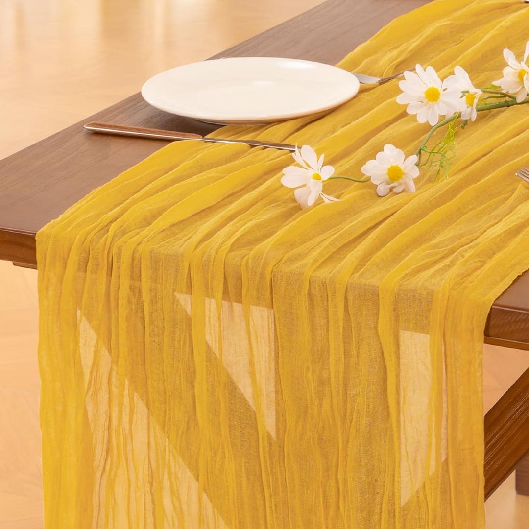 Socomi 2pcs Gold Yellow Summer Cheesecloth Table Runner Boho Rustic Gauze 120 inch 10FT Cheese Cloth Sheer Runner for Wedding Party Baby Shower Birthday Home Decor Holiday Decorations