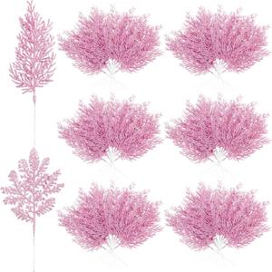 60 Pcs Christmas Tree Picks and Sprays, Glitter Stems and Artificial Glitter Pine Needles, Christmas Tree Filler Decorations for Xmas Trees Wreaths Vase DIY Holiday Party Wedding Home Decor(Pink)
