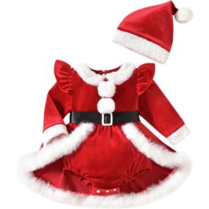 Toddler Baby Girl Christmas Dress Newborn Santa Claus Princess Dress Cute Long Sleeve Fur Romper Clothes (0-3 Months, Red)