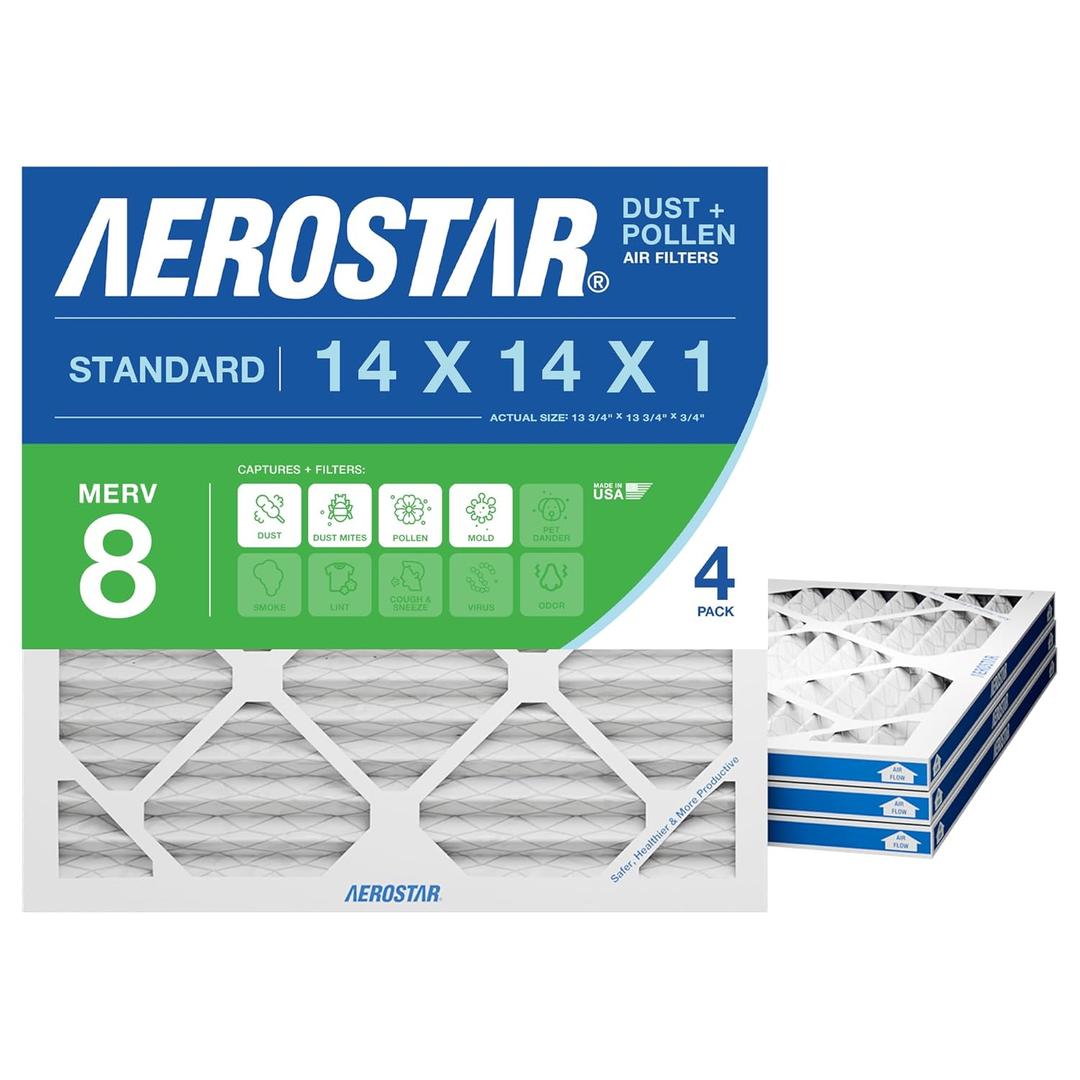 Aerostar 14x14x1 MERV 8 Air Filter, 4 Count, ACTUAL SIZE (13.75 x 13.75 x 0.75), HVAC, Air Conditioning & Furnace Filter Captures Dust, Lint & Pollen (MPR 600 / FPR 5), Made in USA