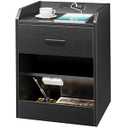 Lazzanto Nightstand with Hidden Drawer & Charging Station, Modern Bedside Table with Storage Drawer and Hidden Compartment, for Bedroom, AC Outlets, USB-A & USB-C Ports, Black