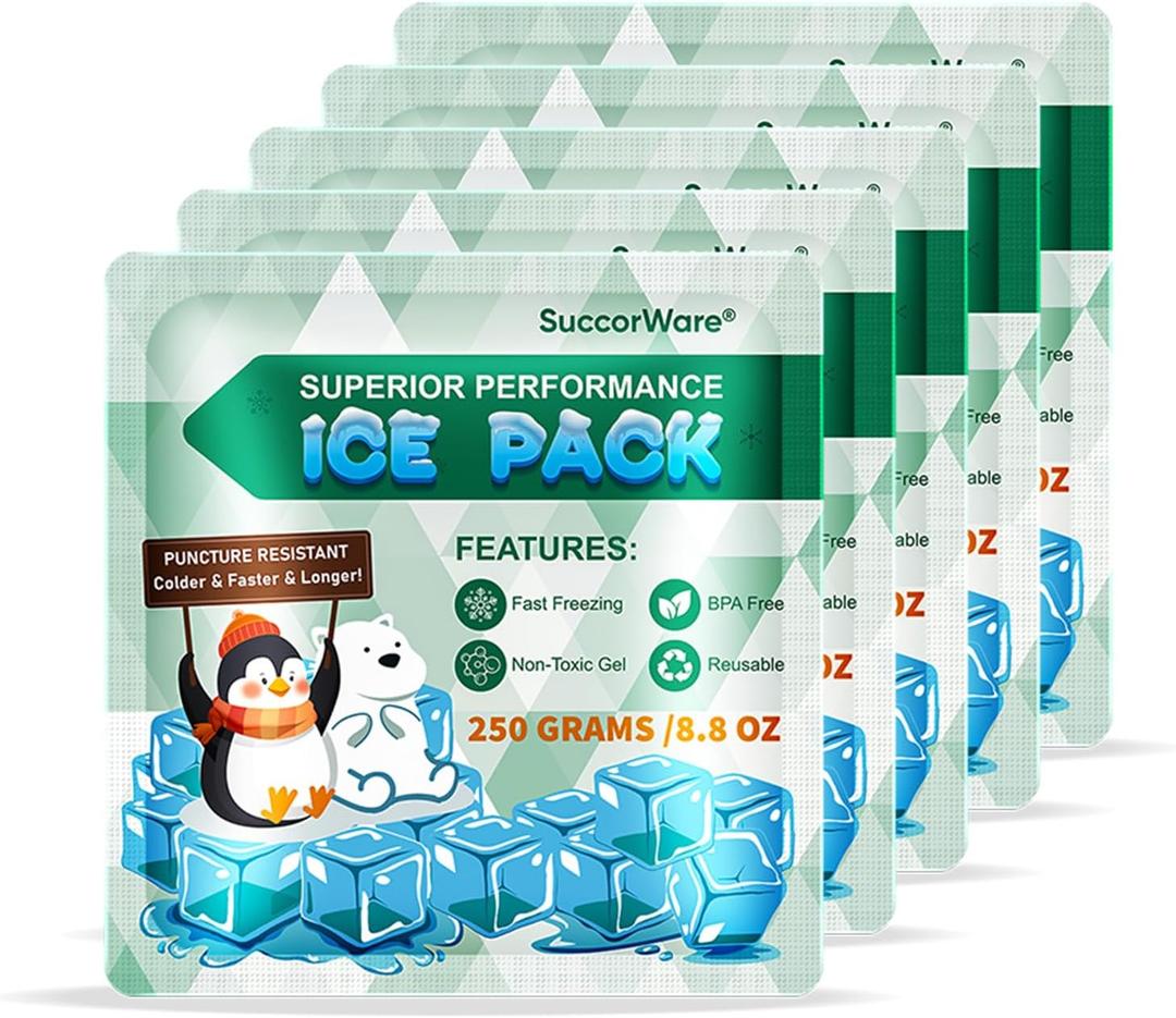 5 Packs Reusable Ice Packs for Lunch Boxes - 12+ Hour Cooling Ice Gel Pack for Camping, Beach, Office - Ice Packs for Cooler Bag, Cooler Backpacks (250 Grams)
